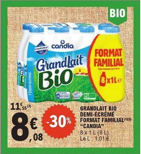 GRANDLAIT BIO DEMI ÉCRÉMÉ FORMAT FAMILIAL "CANDIA"
