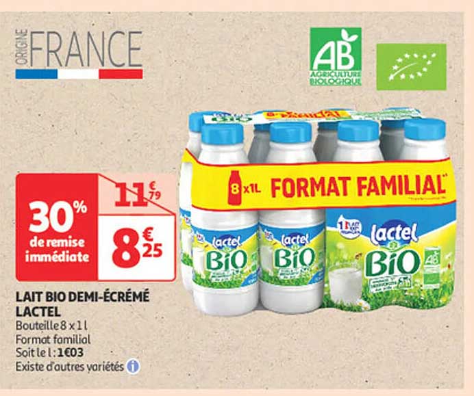 LAIT BIO DEMI-ÉCRÉMÉ LACTEL