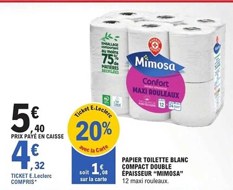 Papier toilette blanc compact double épaisseur “Mimosa”