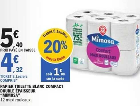 PAPIER TOILETTE BLANC COMPACT DOUBLE ÉPAISSEUR "MIMOSA"