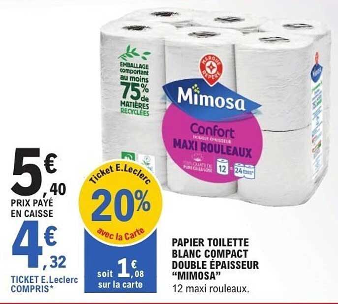 PAPIER TOILETTE BLANC COMPACT DOUBLE ÉPAISSEUR "MIMOSA"