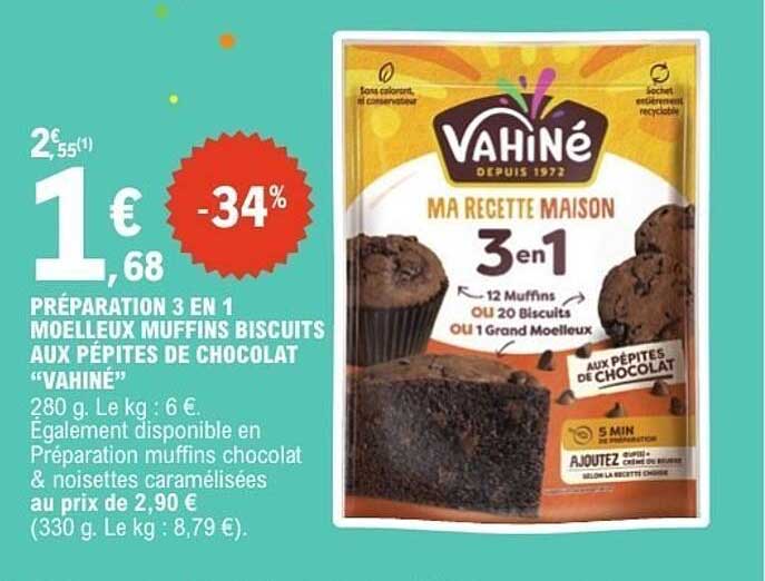 PRÉPARATION 3 EN 1 MOELLEUX MUFFINS BISCUITS AUX PÉPITES DE CHOCOLAT "VAHINE"