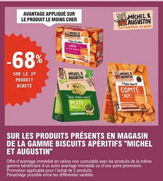 Sur les produits présentés en magasin de la gamme biscuits apéritifs "Michel et Augustin"