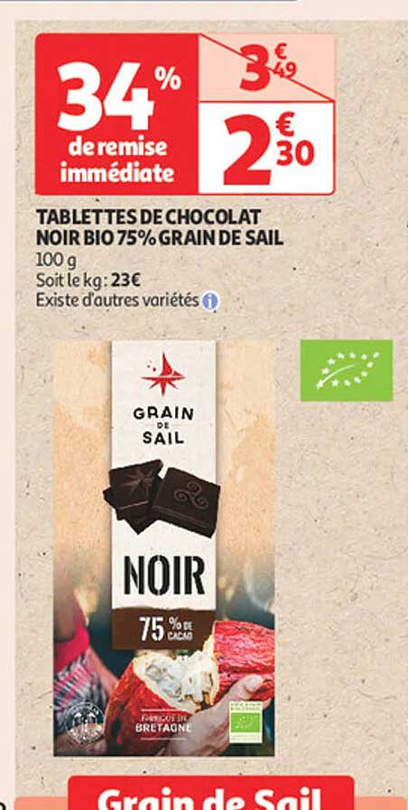 TABLETTES DE CHOCOLAT NOIR BIO 75% GRAIN DE SAIL