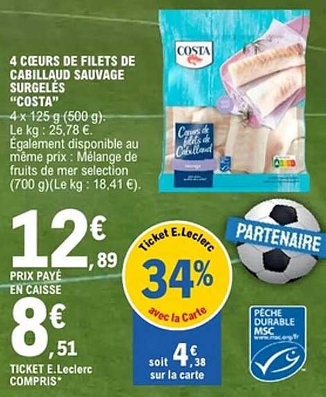 4 CŒURS DE FILETS DE CABILLAUD SAUVAGE SURGELÉS “COSTA”