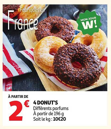 4 DONUT'S Différents parfums À partir de 196 g Soit le kg : 10€20