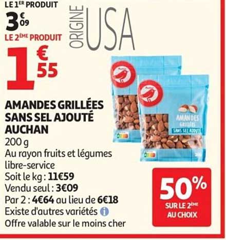 AMANDES GRILLÉES SANS SEL AJOUTÉ AUCHAN