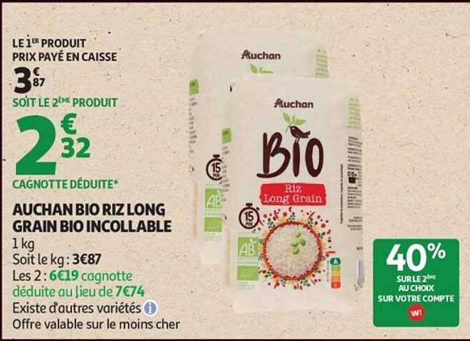 AUCHAN BIO RIZ LONG GRAIN BIO INCOLLABLE