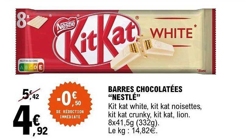 BARRES CHOCOLATÉES “NESTLÉ” Kit kat white, kit kat noisettes, kit kat chunky, kit kat, lion. 8x41,5g (332g).