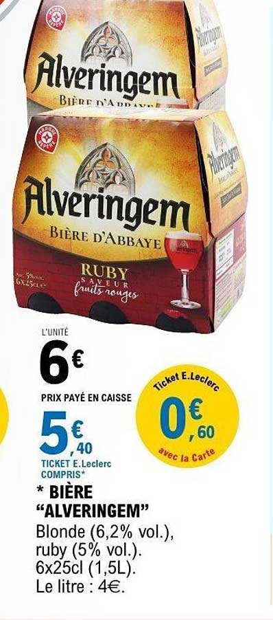 BIÈRE “ALVERINGEM” Blonde (6,2% vol.), ruby (5% vol.). 6x25cl (1,5L). Le litre : 4€.