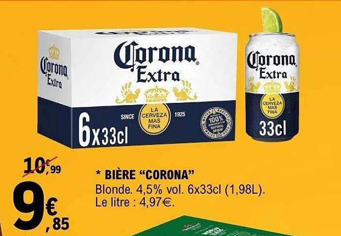 * BIÈRE "CORONA" Blonde. 4,5% vol. 6x33cl (1,98L). Le litre : 4,97€.