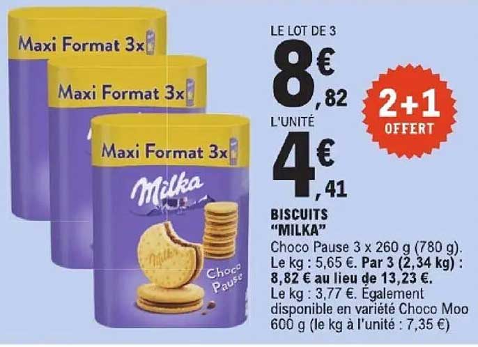 BISCUITS “MILKA” Choco Pause 3 x 260 g (780 g) : Le kg : 5,65 €. Par 3 (2,34 kg) : 8,82 € au lieu de 13,23 €.