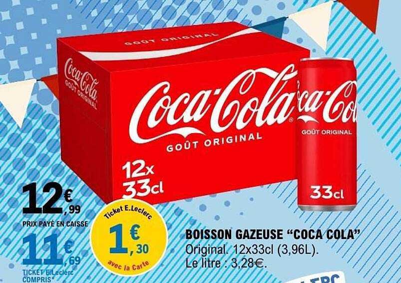 BOISSON GAZEUSE “COCA COLA” Original. 12x33cl (3,96L). Le litre : 3,28€.
