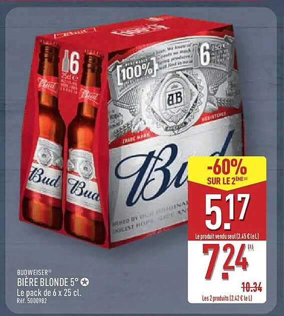 BUDWEISER BIÈRE BLONDE 5° Le pack de 6 x 25 cl.