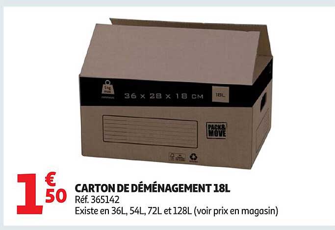 CARTON DE DÉMÉNAGEMENT 18L Réf. 365142 Existe en 36L, 54L, 72L et 128L (voir prix en magasin)