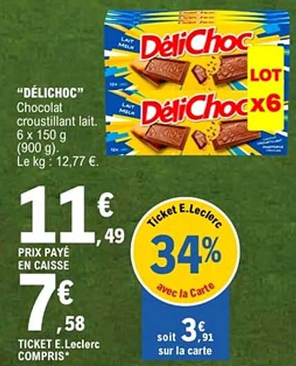 DÉLICHOC Chocolat croustillant lait. 6 x 150 g (900 g). Le kg : 12,77 €.