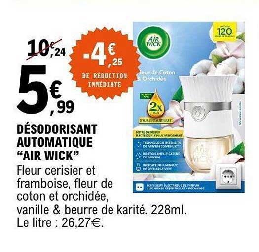 DÉSODORISANT AUTOMATIQUE “AIR WICK” Fleur cerisier et framboise, fleur de coton et orchidée, vanille & beurre de karité. 228ml.