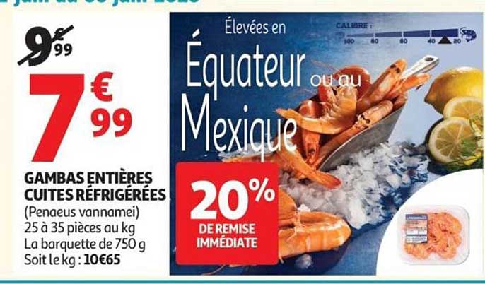 Gambas entières cuites réfrigérées (Penaeus vannamei) 25 à 35 pièces au kg
