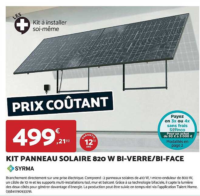 KIT PANNEAU SOLAIRE 820 W BI-VERRRE/BI-FACE