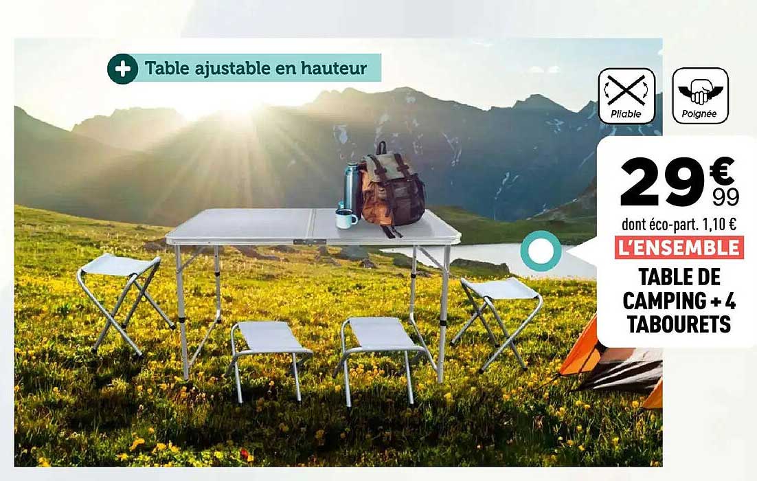 L'ENSEMBLE TABLE DE CAMPING + 4 TABOURETS