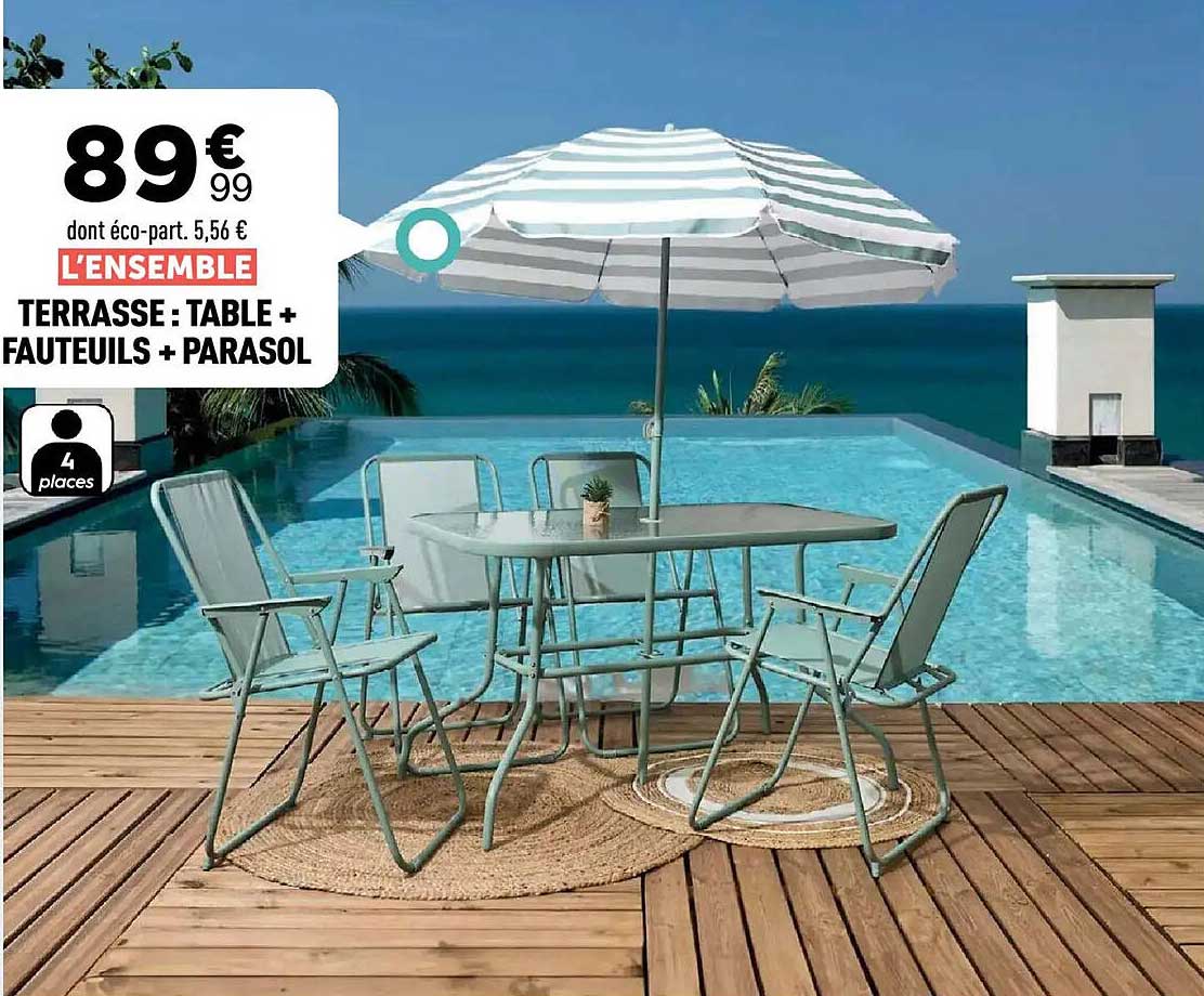 L’ENSEMBLE TERRASSE : TABLE + FAUTEUILS + PARASOL