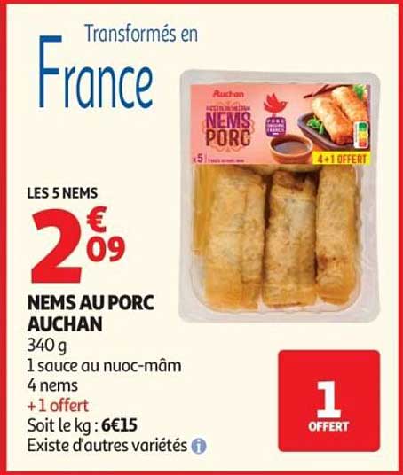 LES 5 NEMS NEMS AU PORC AUCHAN 340 g 1 sauce au nuoc-mâm 4 nems + 1 offert