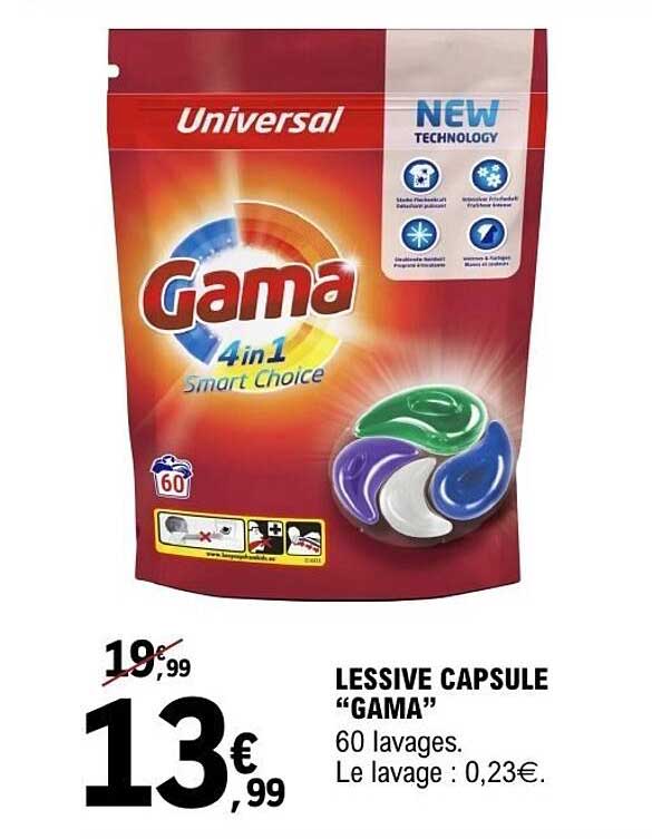 LESSIVE CAPSULE “GAMA” 60 lavages. Le lavage : 0,23€.