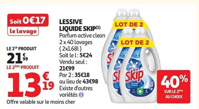 LESSIVE LIQUIDE SKIP(1) Parfum active clean 2 x 40 lavages (2x1.68L)