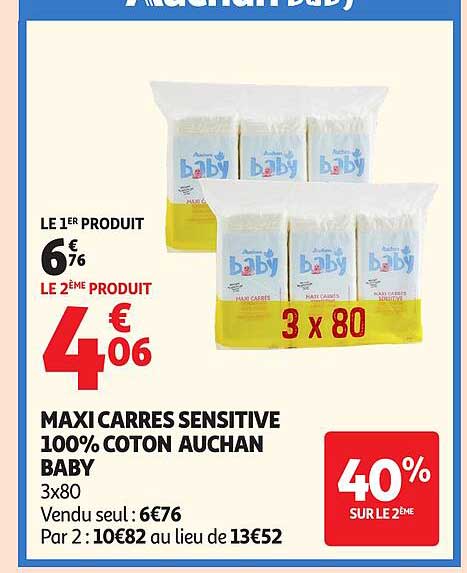 MAXI CARRES SENSITIVE 100% COTON AUCHAN BABY