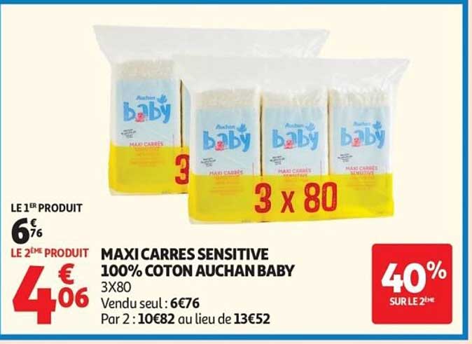 MAXI CARRES SENSITIVE 100% COTON AUCHAN BABY 3X80