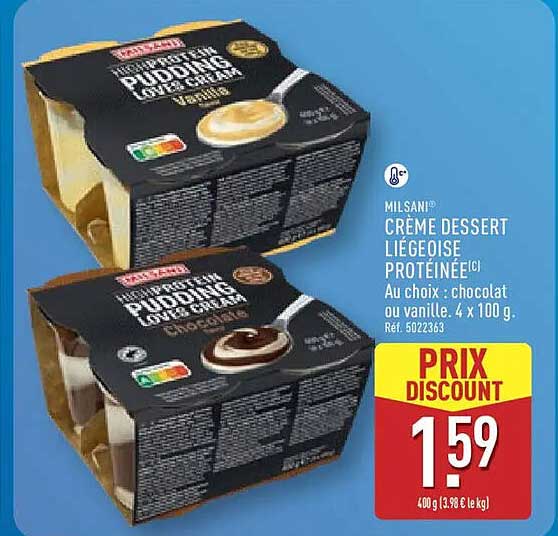 MILSANI Crème dessert liégeoise protéinée au choix : chocolat ou vanille, 4 x 100 g