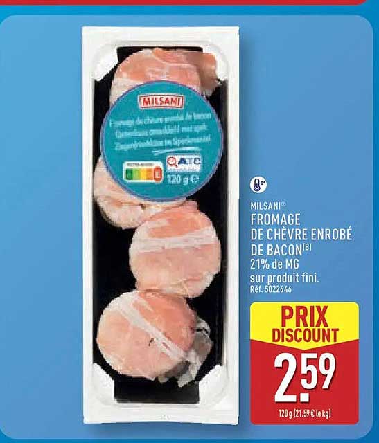 MILSANI® FROMAGE DE CHÈVRE ENROBÉ DE BACON(B) 21% de MG sur produit fini.