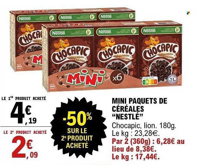 MINI PAQUETS DE CÉRÉALES “NESTLÉ” Chocapic, lion. 180g.