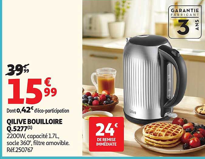 QILIVE BOUILLOIRE Q.5277(1) 2200W, capacité 1.7L, socle 360°, filtre amovible. Réf.25076