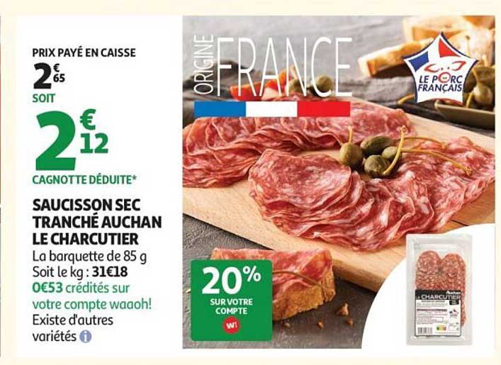 SAUCISSON SEC TRANCHÉ AUCHAN LE CHARCUTIER