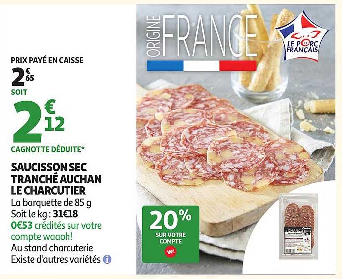 SAUCISSON SEC TRANCHÉ AUCHAN LE CHARCUTIER