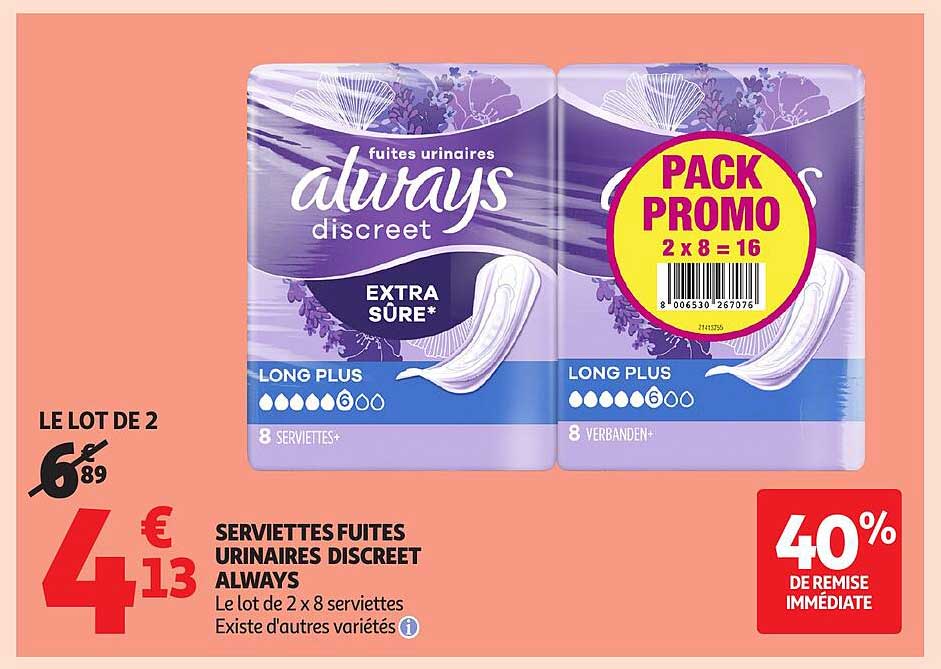 SERVIETTES FUITES URINAIRES DISCREET ALWAYS