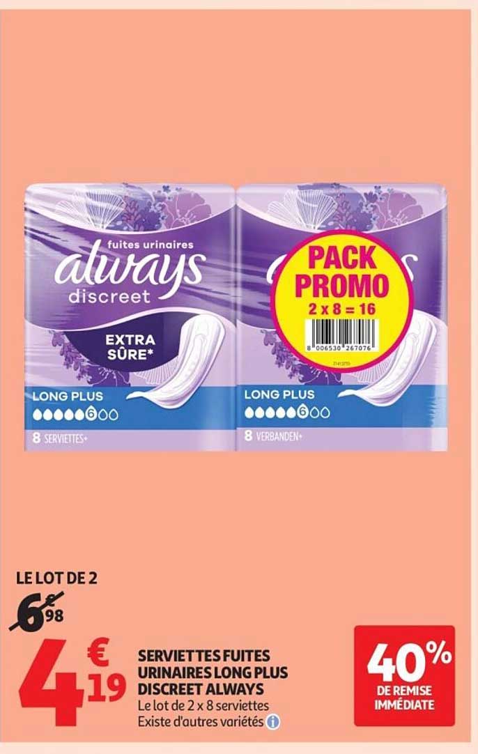 SERVIETTES FUITES URINAIRES LONG PLUS DISCREET ALWAYS