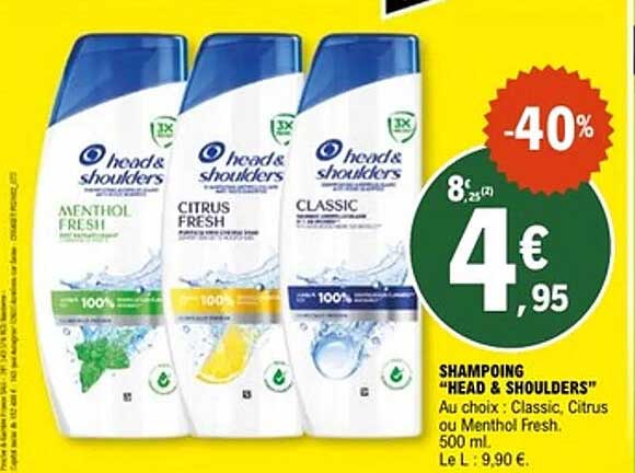 SHAMPOING "HEAD & SHOULDERS" Au choix : Classic, Citrus ou Menthol Fresh. 500 mL.