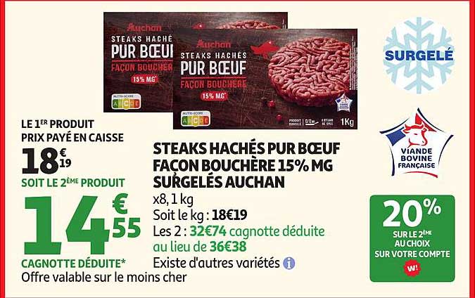 STEAKS HACHÉS PUR BŒUF FAÇON BOUCHÈRE 15% MG SURGELÉS AUCHAN