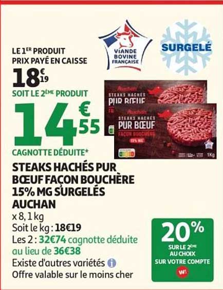 STEAKS HACHÉS PUR BŒUF FAÇON BOUCHÈRE 15% MG SURGELÉS AUCHAN