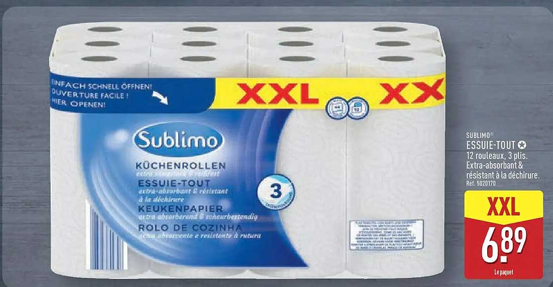 SUBLIMO ESSUIE-TOUT 12 rouleaux, 3 plis. Extra-absorbant & résistant à la déchirure. Réf. 502170