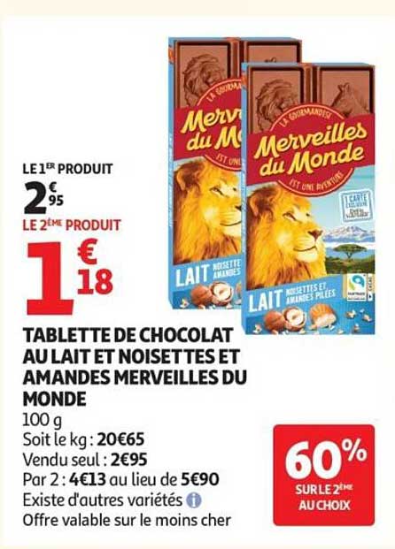TABLETTE DE CHOCOLAT AU LAIT ET NOISETTES ET AMANDES MERVEILLES DU MONDE