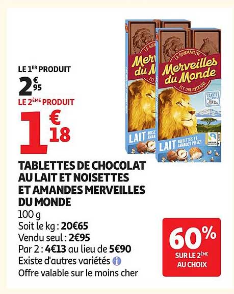 TABLETTES DE CHOCOLAT AU LAIT ET NOISETTES ET AMANDES MERVEILLES DU MONDE