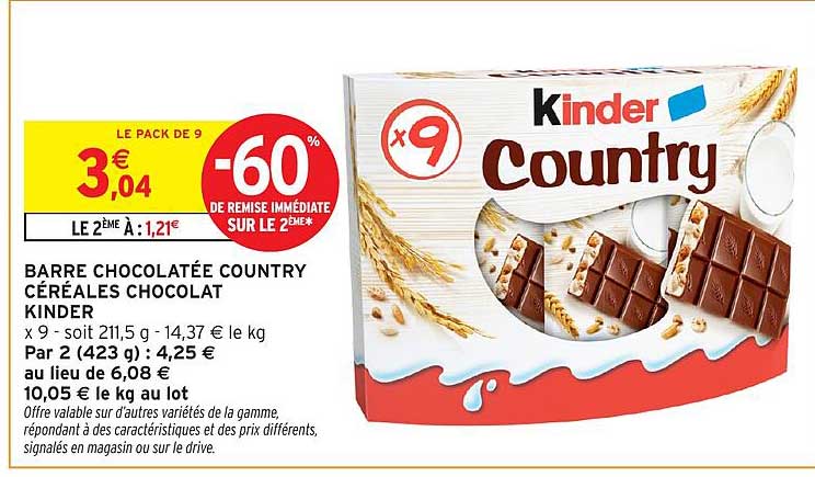 BARRE CHOCOLATÉE COUNTRY CÉRÉALES CHOCOLAT KINDER