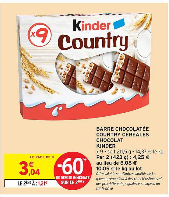 BARRE CHOCOLATÉE COUNTRY CÉRÉALES CHOCOLAT KINDER