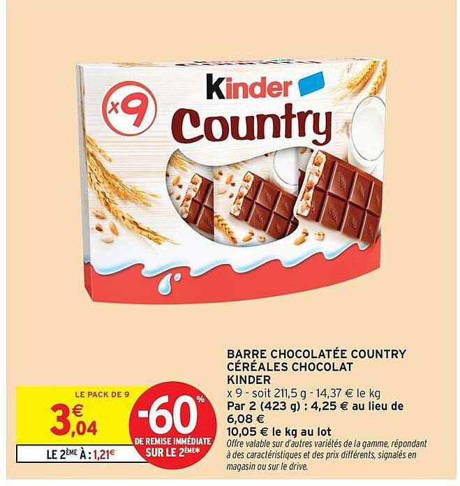 BARRE CHOCOLATÉE COUNTRY CÉRÉALES CHOCOLAT KINDER