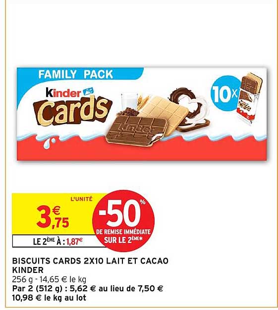 BISCUITS CARDS 2X10 LAIT ET CACAO KINDER