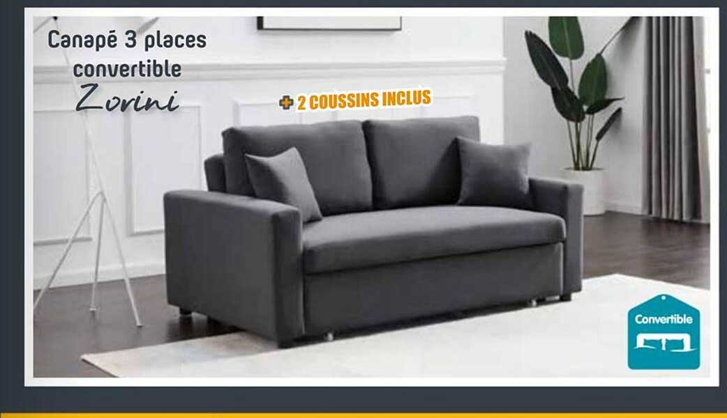 Canapé 3 places convertible Zovini + 2 coussins inclus