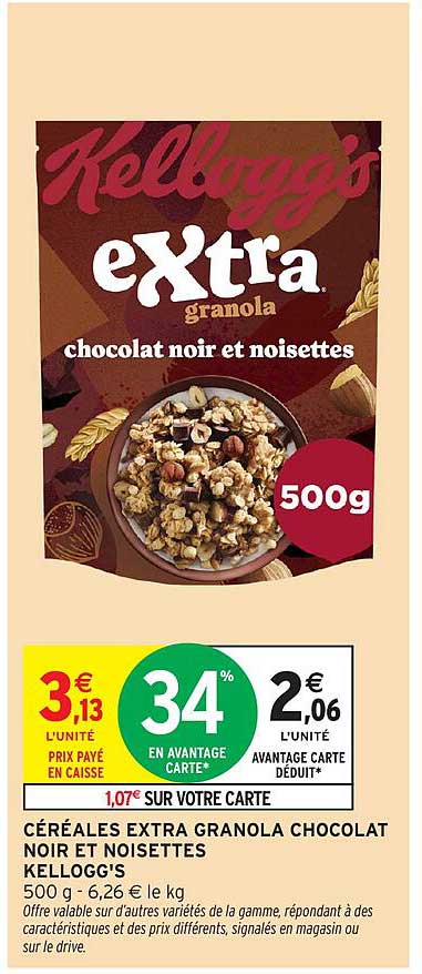 CÉRÉALES EXTRA GRANOLA CHOCOLAT NOIR ET NOISETTES KELLOGG'S